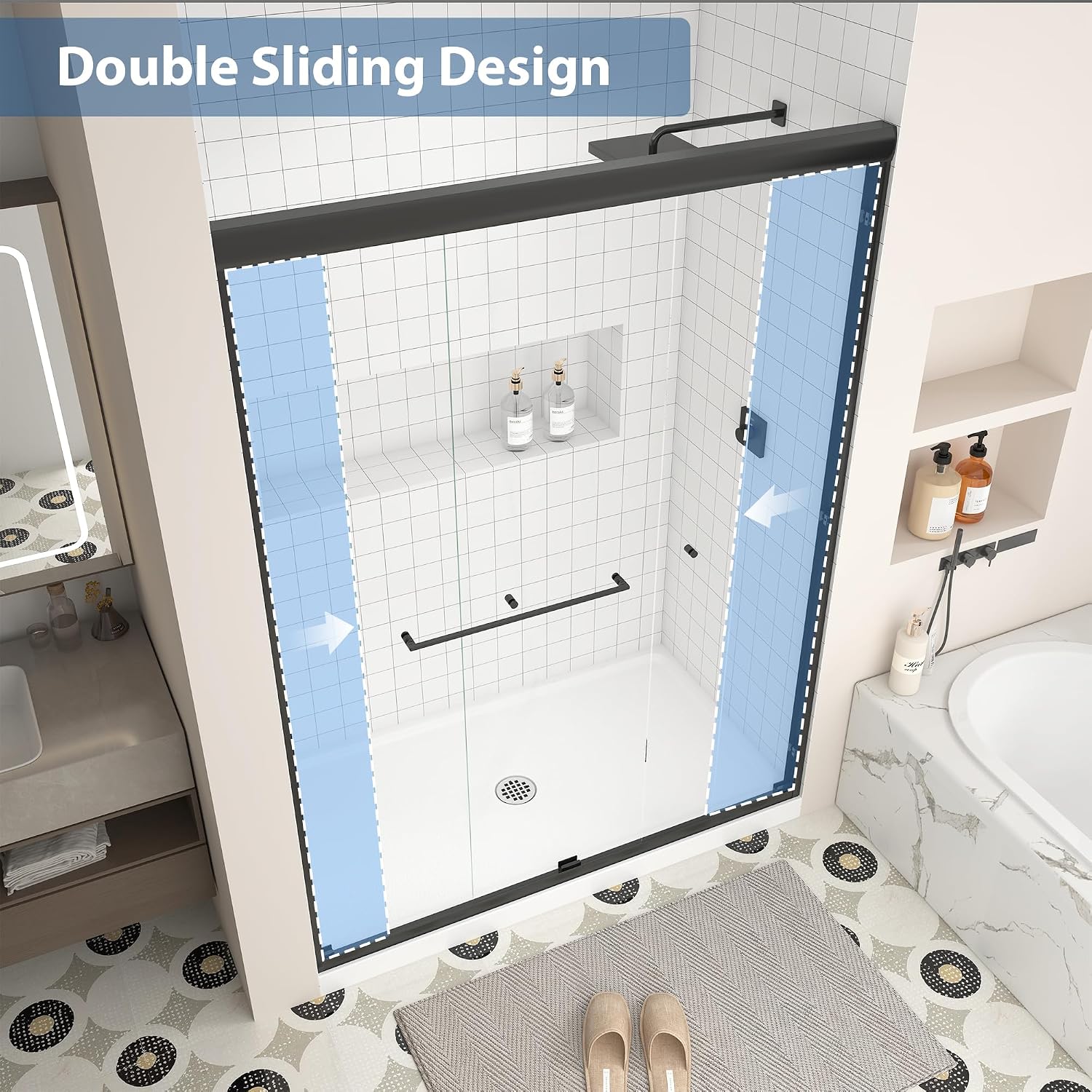 43-48' W x 70' H Upgraded Double Sliding Shower Door, Semi-Frameless Shower Door with Explosion-Proof Film and Nano Coating, 1/4' (6MM) SGCC Tempered Glass, Matte Black Finish