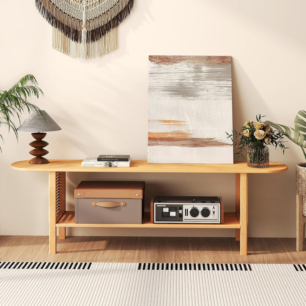 HollyHOME Bamboo TV Stand with Storage for TVs up to 65', Modern Entertainment Center with Rattan Side, Accent TV Table with 2 Shelf, Media Console TV Stand for Living Room, Bedroom, Burlywood