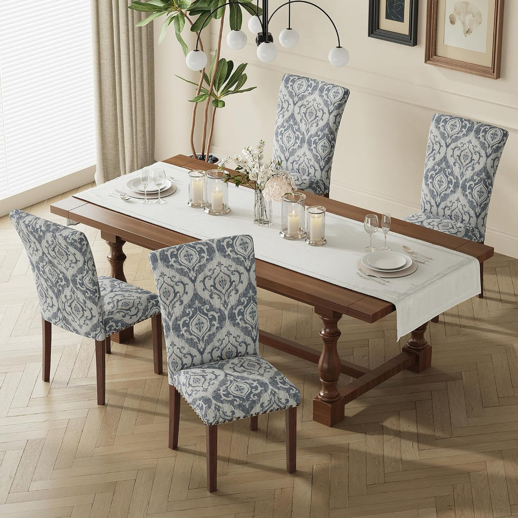 COLAMY Upholstered Parsons Dining Chairs Set of 6, Fabric Dining Room Kitchen Side Chair with Nailhead Trim and Wood Legs - Blue/White Flower