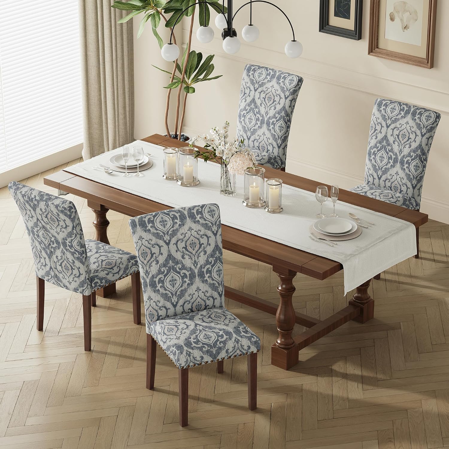 COLAMY Upholstered Parsons Dining Chairs Set of 6, Fabric Dining Room Kitchen Side Chair with Nailhead Trim and Wood Legs - Blue/White Flower