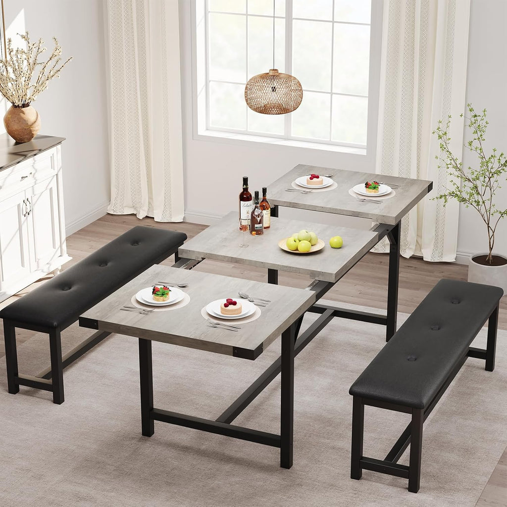 GAOMON Dining Table Set for 4-8, 63' Rectangular Wooden Extendable Kitchen Table with 2 Upholstered Benches & 4 Metal Corner Protectors, Small Dining Set & Sturdy Metal Frame, Space Saving, Retro Gray