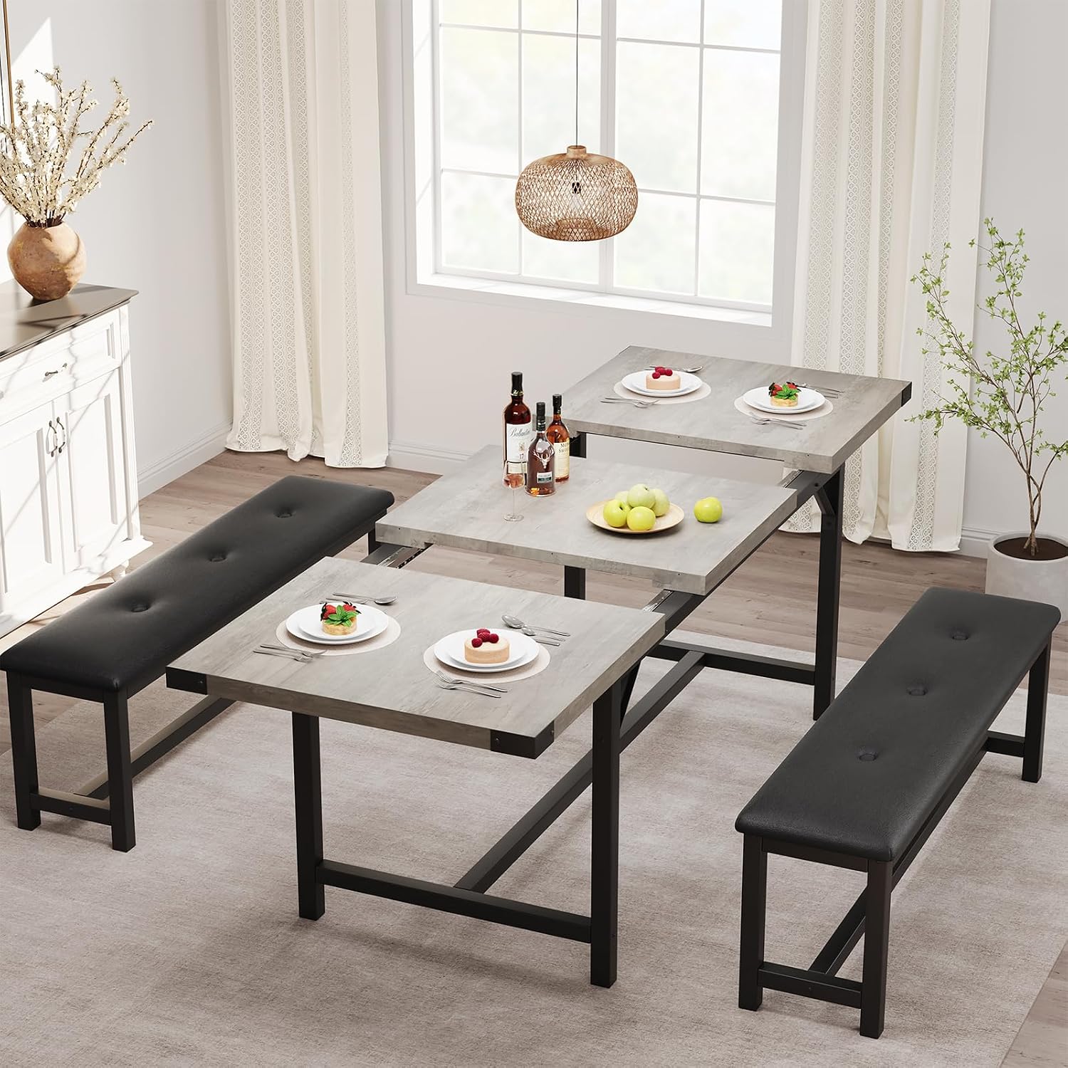 GAOMON Dining Table Set for 4-8, 63' Rectangular Wooden Extendable Kitchen Table with 2 Upholstered Benches & 4 Metal Corner Protectors, Small Dining Set & Sturdy Metal Frame, Space Saving, Retro Gray