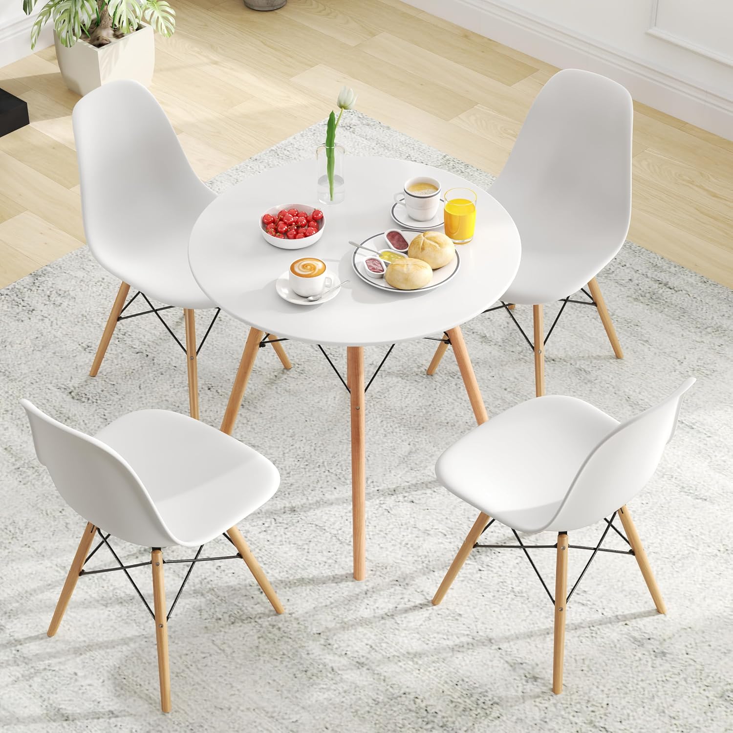 Tangkula Round Dining Table Set for 4, Modern Circle Kitchen Table & 4 Chairs with Ergonomic Seats and Solid Wood Legs, 5-Piece Dining Room Set for Small Spaces, Kitchen, Living Room