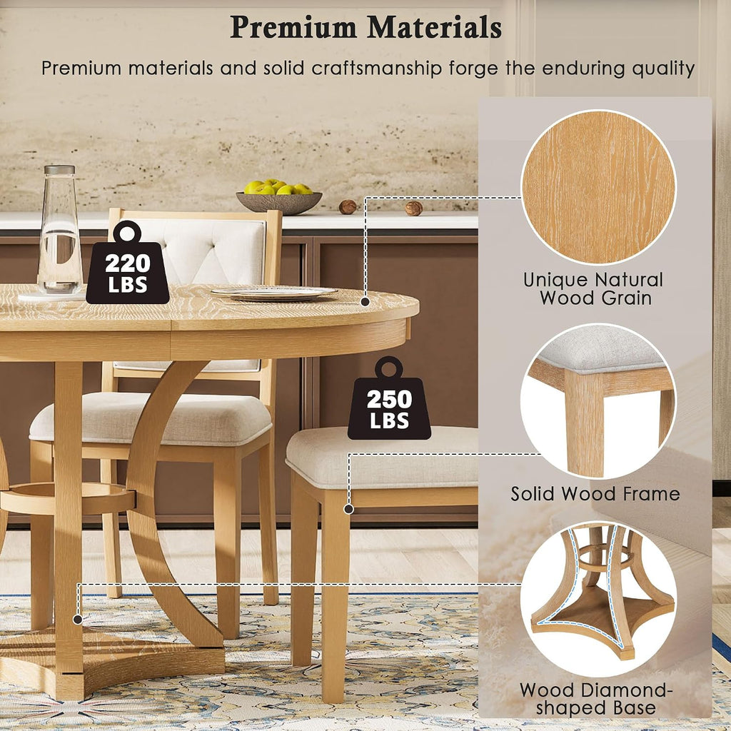 Bellemave Extendable Dining Table Set for 4, 5-Piece Retro Round Table Set with 4 Upholstered Chairs, Round Table with a 16' W Leaf, Oval Kitchen Table Set with Extendable Table (Natural)