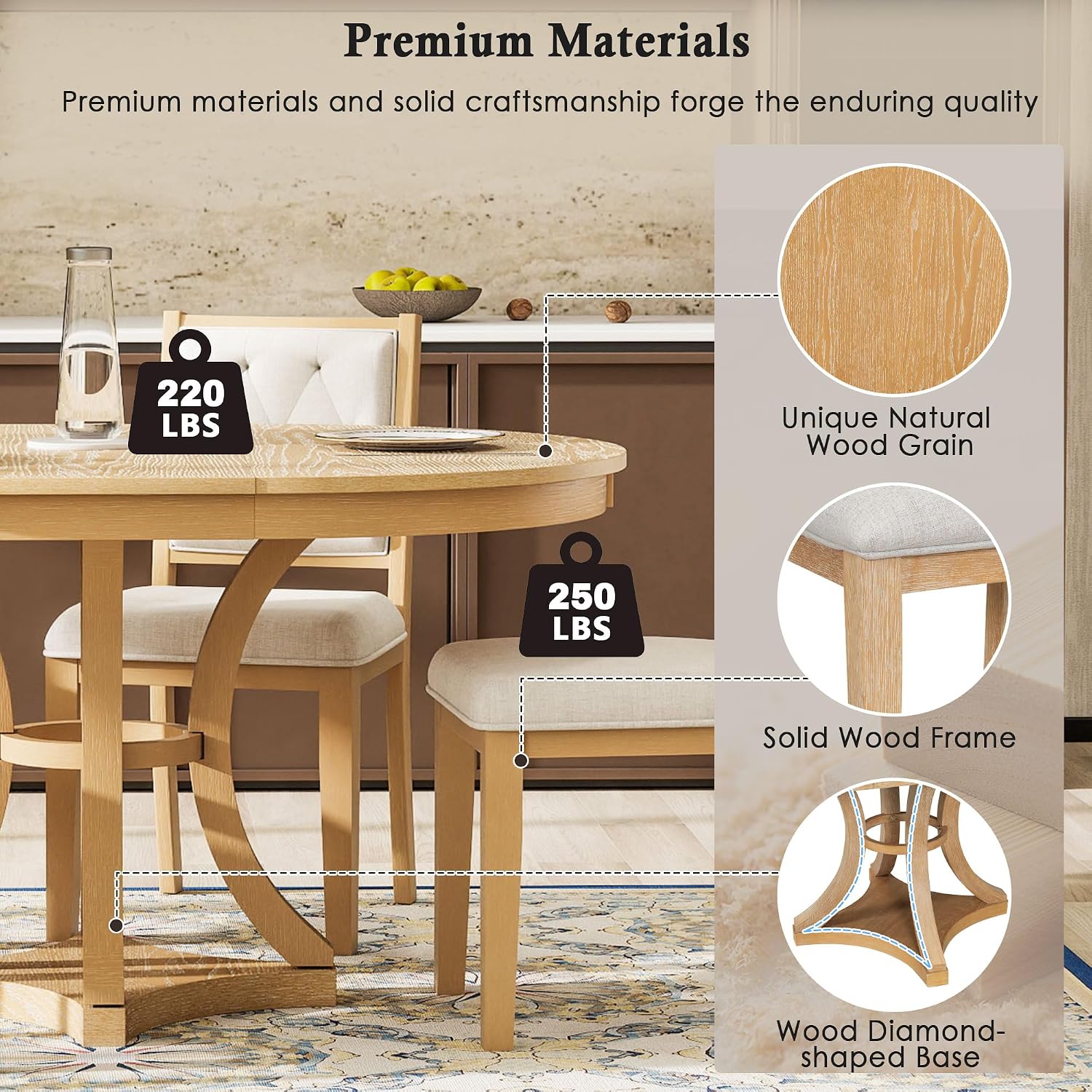 Bellemave Extendable Dining Table Set for 4, 5-Piece Retro Round Table Set with 4 Upholstered Chairs, Round Table with a 16' W Leaf, Oval Kitchen Table Set with Extendable Table (Natural)