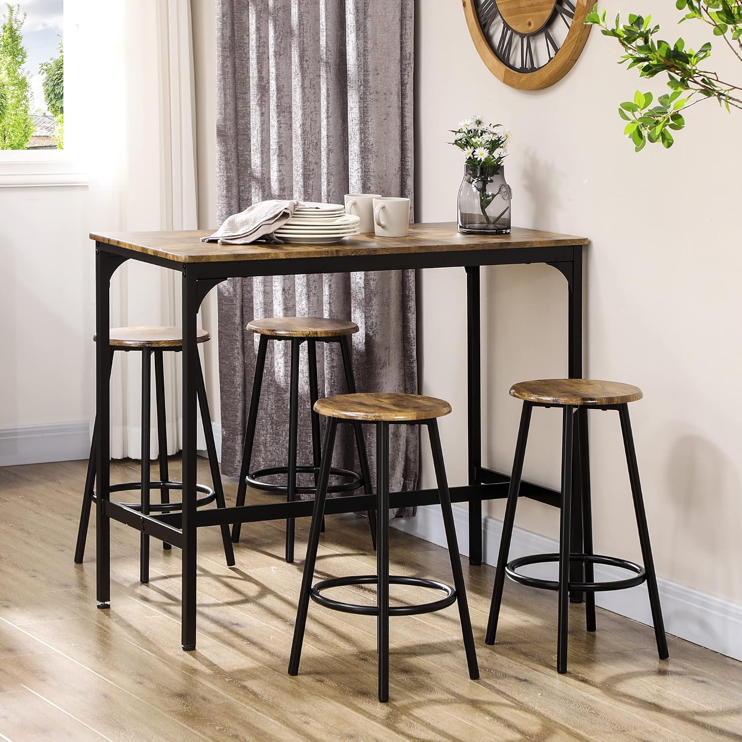 HOMCOM 5-Piece Counter Height Bar Table Set, Rustic 43.25' Dining Table with 4 Bar Stools, Kitchen Table with Wooden Top for Pub, Dining Room, Rustic Brown