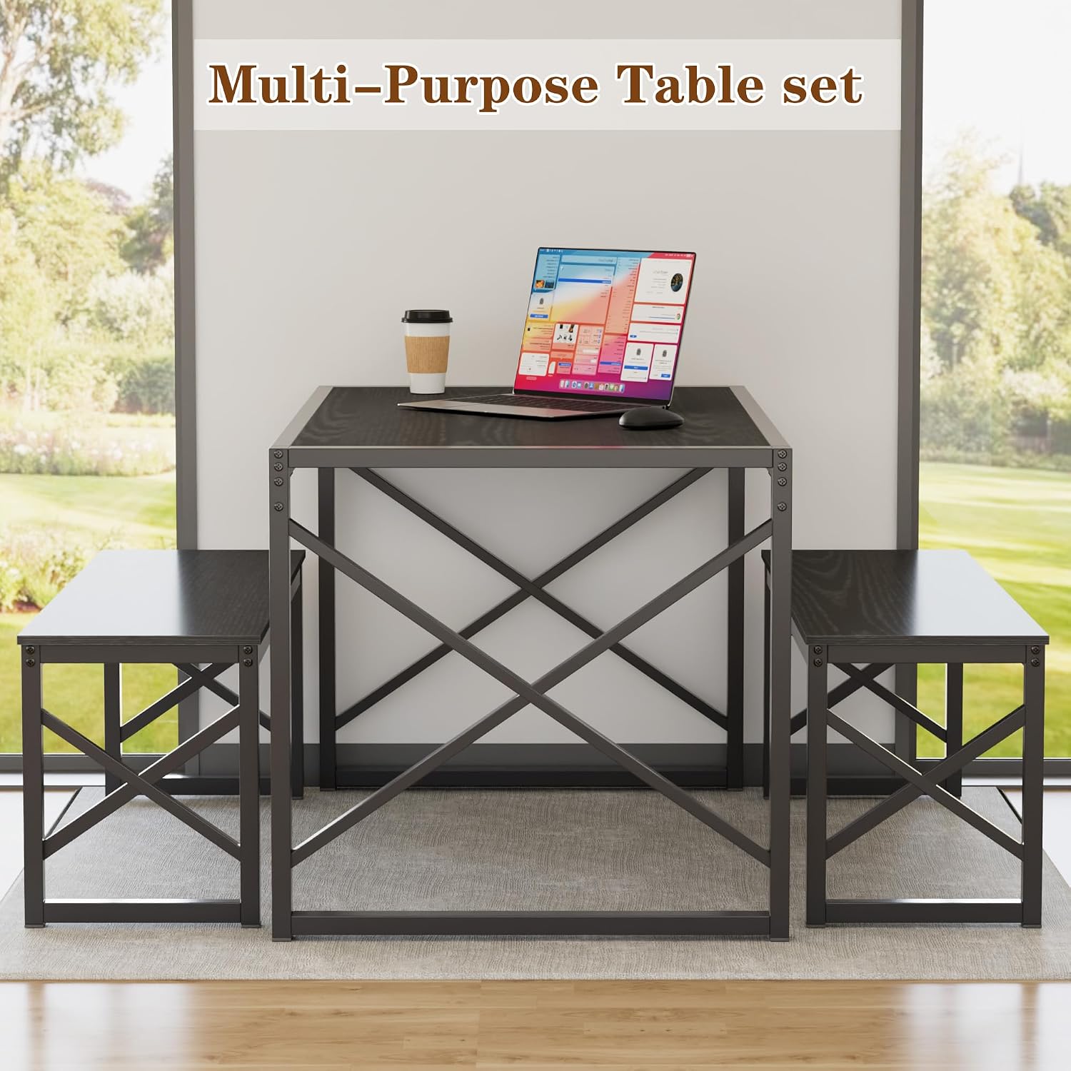 VECELO 55' Kitchen Dining Table Set for 4, Heavy-Duty Steel Frame & Wood-Grain Tabletop, Spaving Saving Dinette Sets with 2 Benches for Breakfast Nook and Small Space, Black
