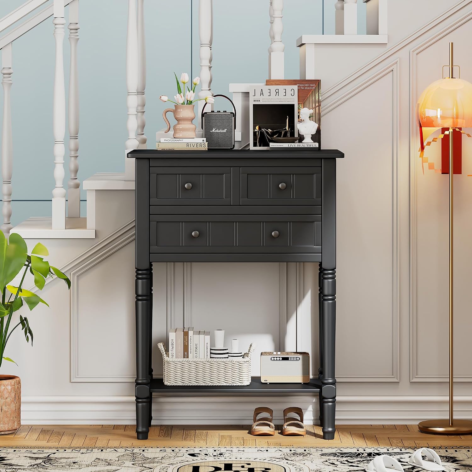 LKTART Solid Wood Sofa Table,Console Table with Drawers and Bottom Shelf, Entryway Hallway Foyer Entry Table for Living Room(23.7' Black)