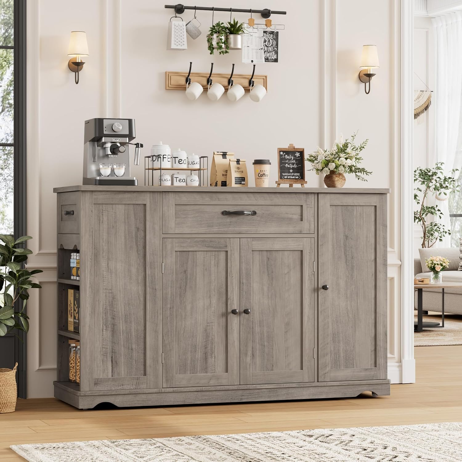 HOSTACK Kitchen Island Cart with Storage, 47'' Kitchen Storage Island on Wheels with 2 Drawers, Rolling Island Table with Adjustable Shelves, Mobile Buffet Sideboard Cabinet for Dining Room, Ash Gray
