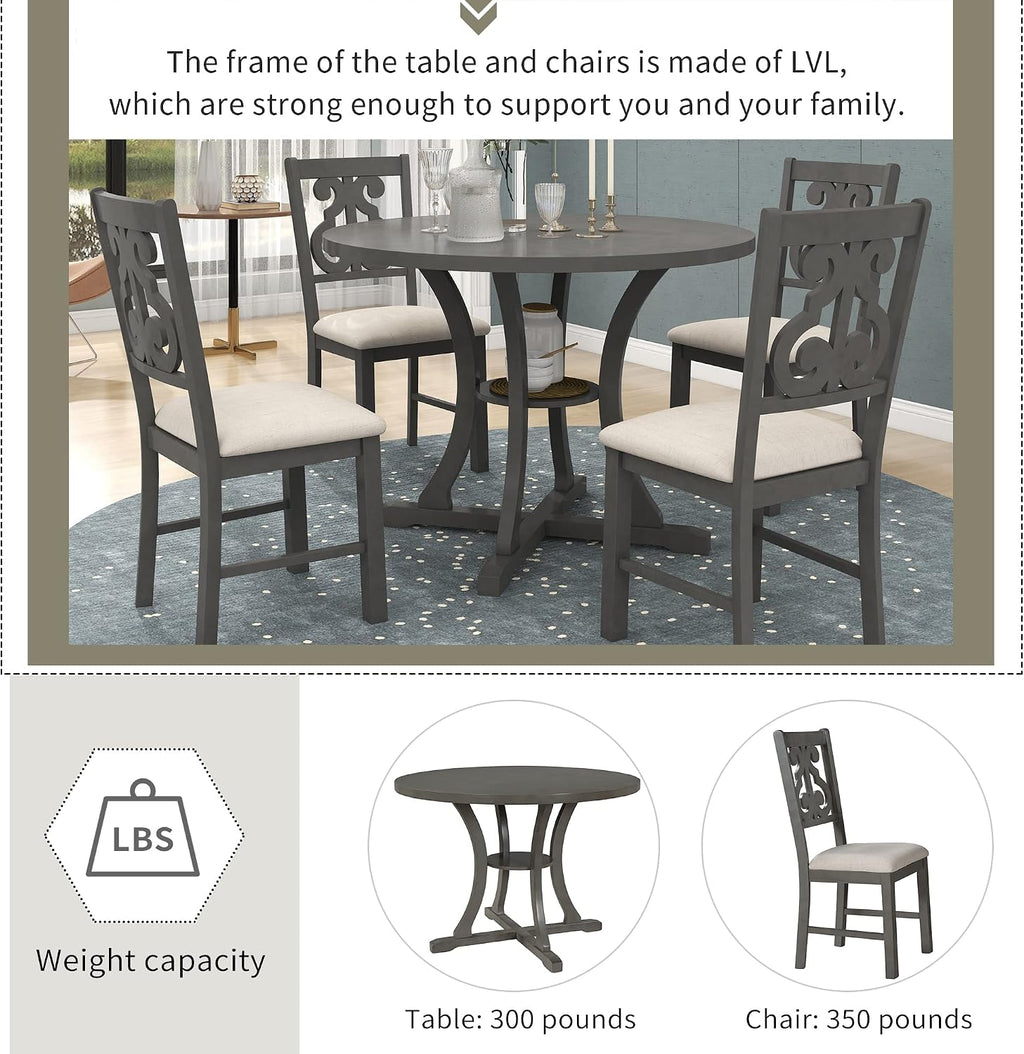 LUMISOL 5-Piece Round Dining Table Set for 4-6 Person, Farmhouse Kitchen Table Set with Special Shaped Legs and 4 Upholstered Chairs for Kitchen, Dining Room, Small Space, Grey