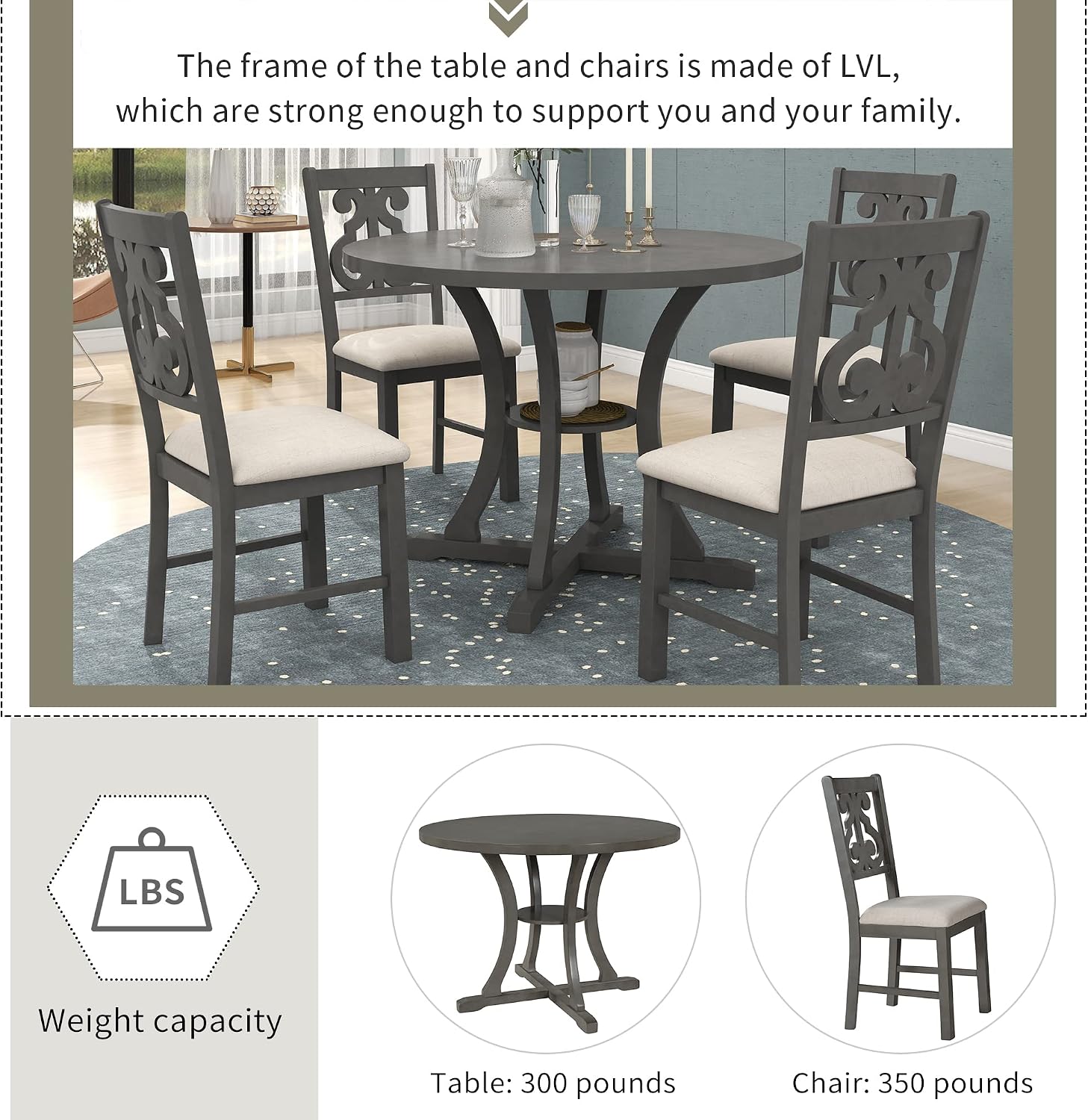 LUMISOL 5-Piece Round Dining Table Set for 4-6 Person, Farmhouse Kitchen Table Set with Special Shaped Legs and 4 Upholstered Chairs for Kitchen, Dining Room, Small Space, Grey