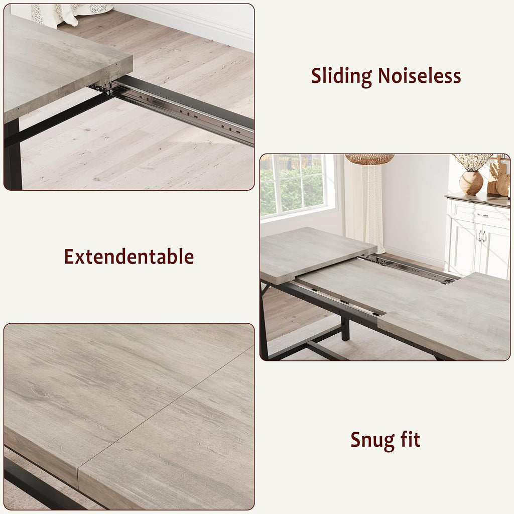 GAOMON Dining Table Set for 4-8, 63' Rectangular Wooden Extendable Kitchen Table with 2 Upholstered Benches & 4 Metal Corner Protectors, Small Dining Set & Sturdy Metal Frame, Space Saving, Retro Gray