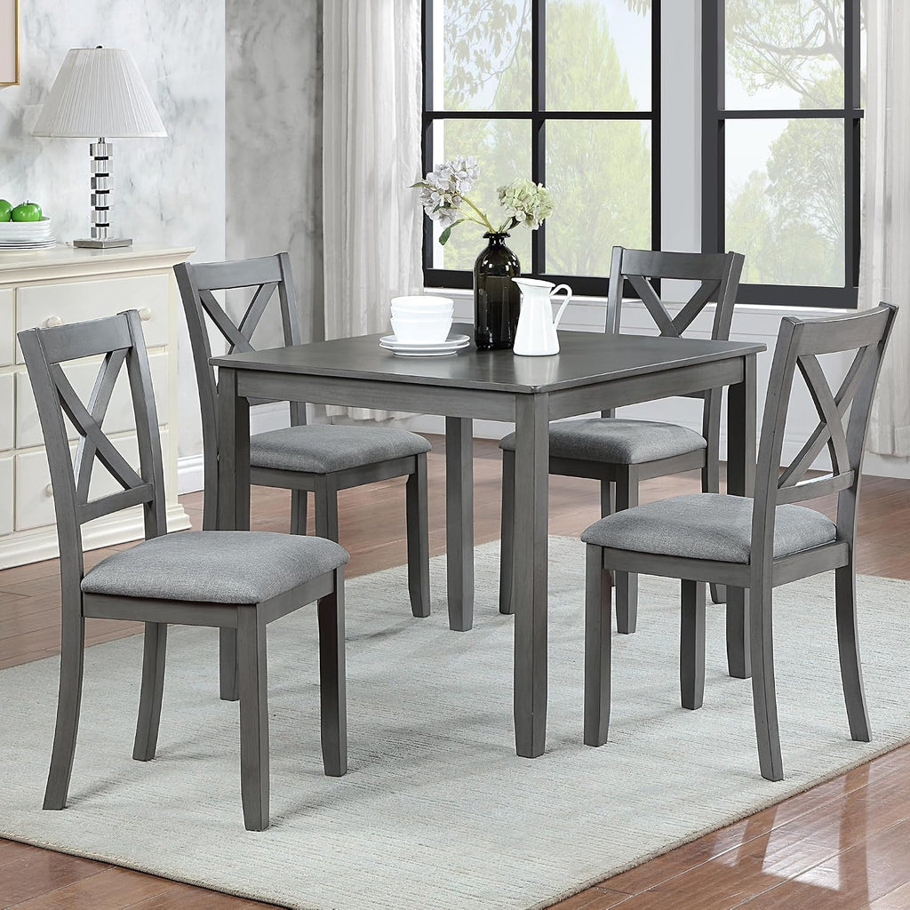 Harper & Bright Designs Modern 5-Piece Wooden Dining Table Set for 4, Grey Square Kitchen Table & 4 Upholstered Seating Chairs, Acacia/Birch Veneer, Space-Saving Design for Dining Room & Small Spaces
