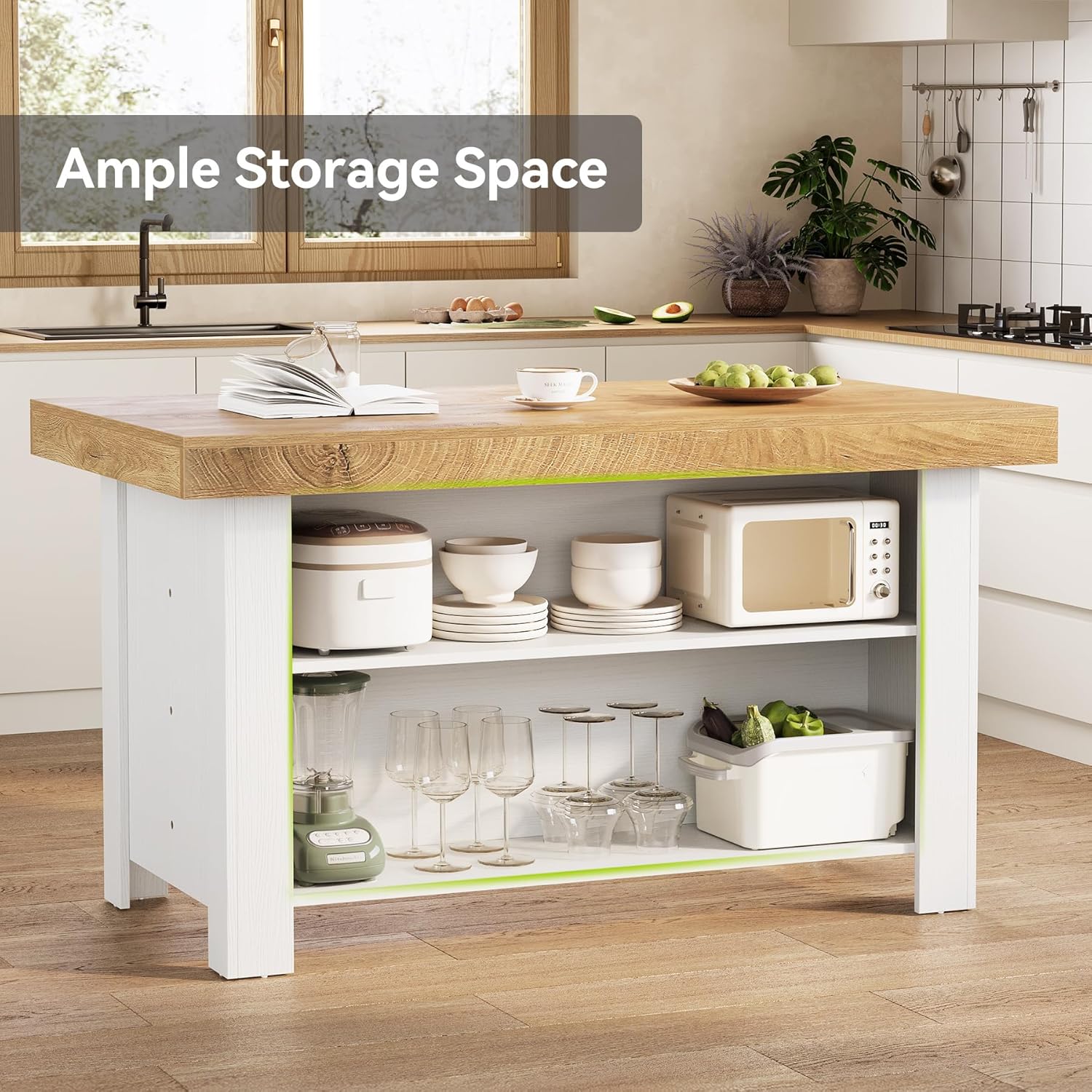 LITTLE TREE 55 Inches Kitchen Island with Storage, 3-Tier Farmhouse Stationary Island Table with Large Worktop & Leg Room, Modern Coffee Bar Table with Storage Shelf for Kitchen, Oak & White