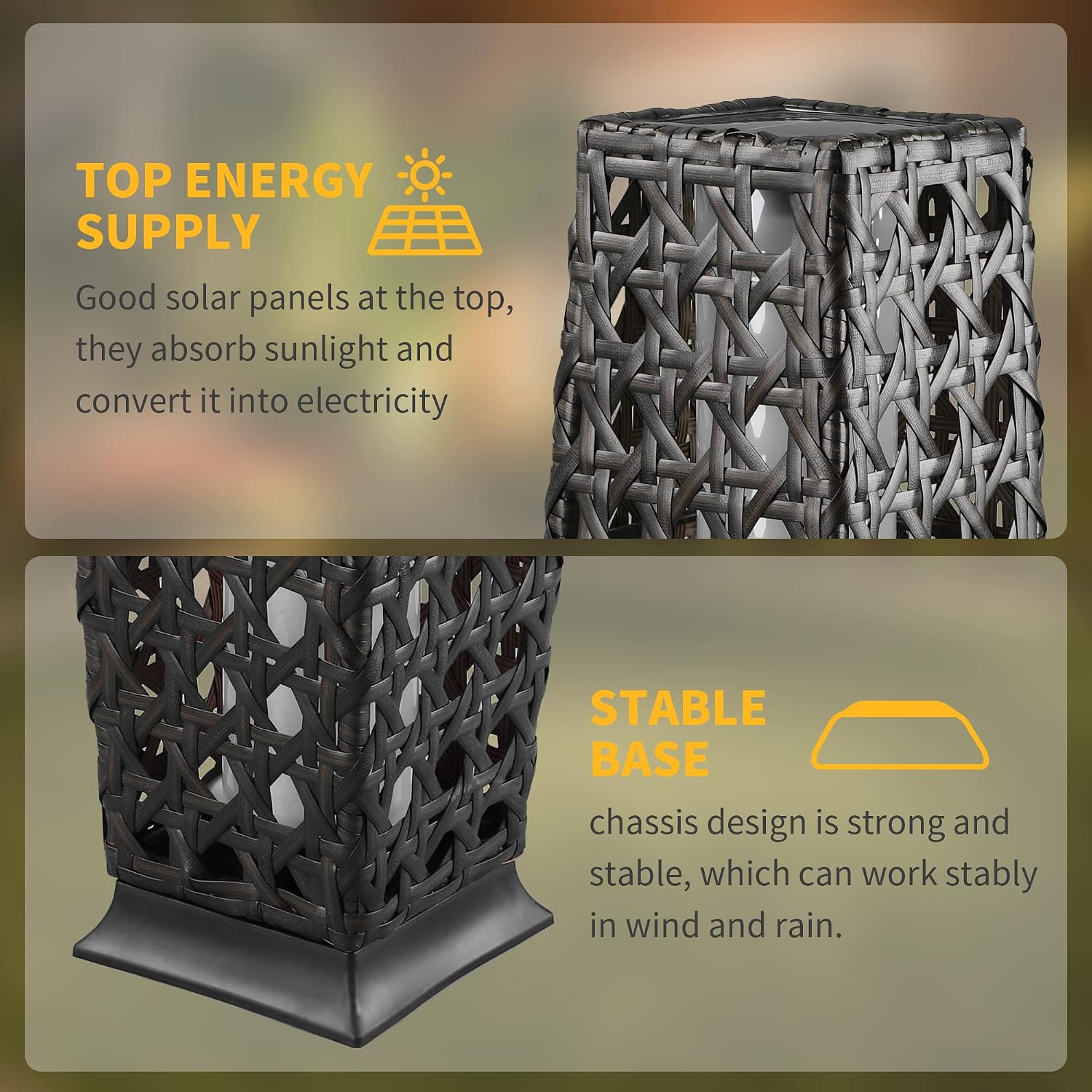 Solar Powered Outdoor Floor, 2 Piece Solar Outdoor Floor Lamps Lanterns Waterproof, Resin Wicker Weather-Resistant Rattan Deck Light for Patio, Lawn, Porch, Garden