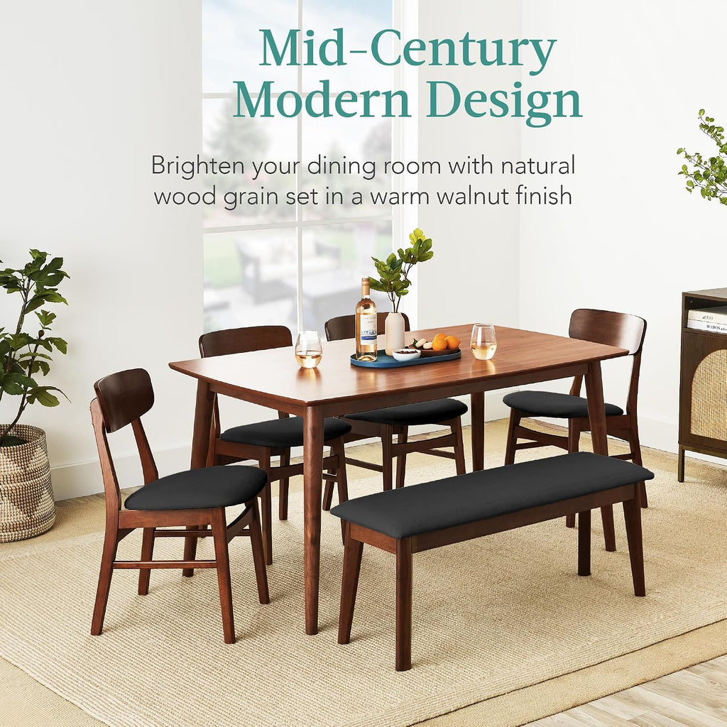 Best Choice Products 6-Piece Wooden Dining Set, Mid-Century Modern Table & Upholstered Chair Set w/Bench Seat, Rubberwood Legs - Walnut/Charcoal