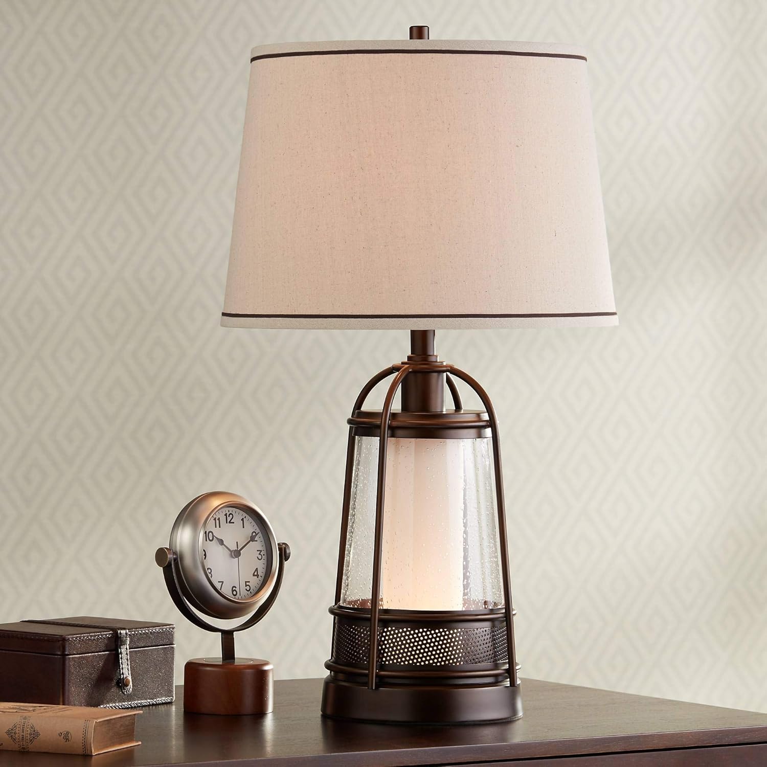 Franklin Iron Works Hugh Industrial Rustic Table Lamp 26' High with LED Nightlight Bronze Metal Seeded Glass Off White Drum Shade for Bedroom Living Room House Home Bedside Nightstand Office Family