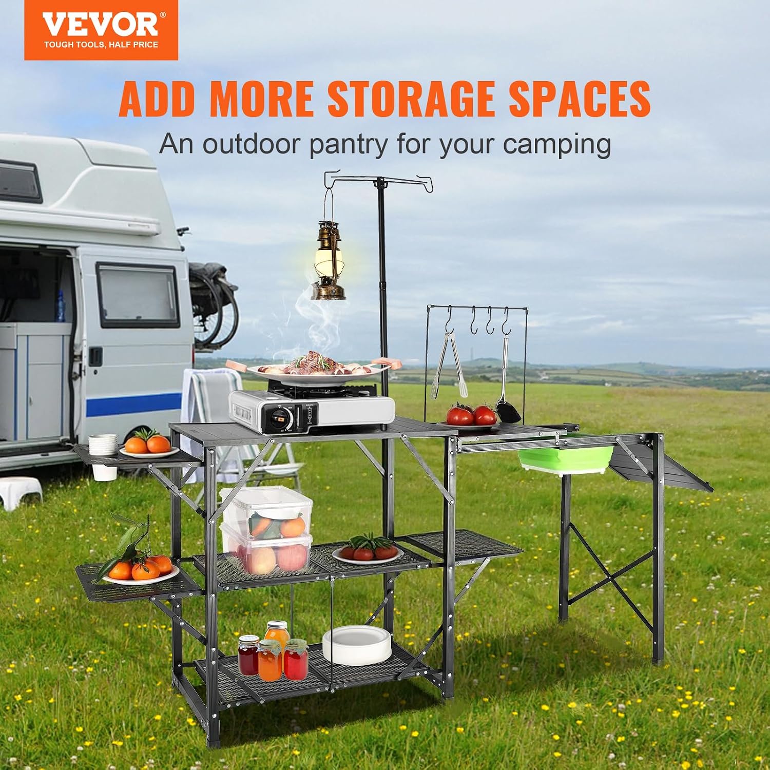 VEVOR Camping Kitchen Table with Sink, Aluminum Folding Portable Outdoor Cook Station, 2 Shelves & Carrying Bag for Picnic BBQ Beach Traveling