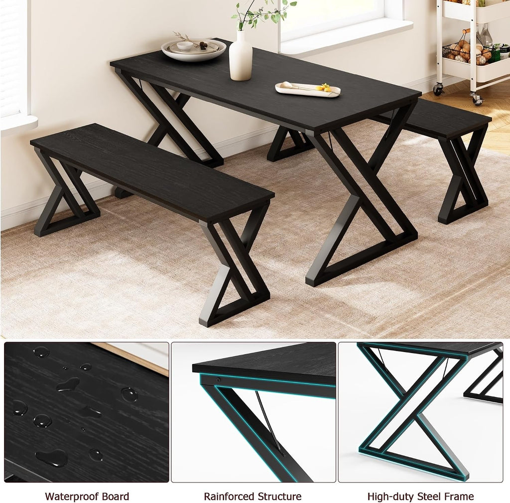 GarveeHome Kitchen Table with 2 Benches, Dining Table Set for 4, Saving Space Dining Room Table Set for Kitchen, Dining Room, Apartment, Sturdy Metal Frame, Black