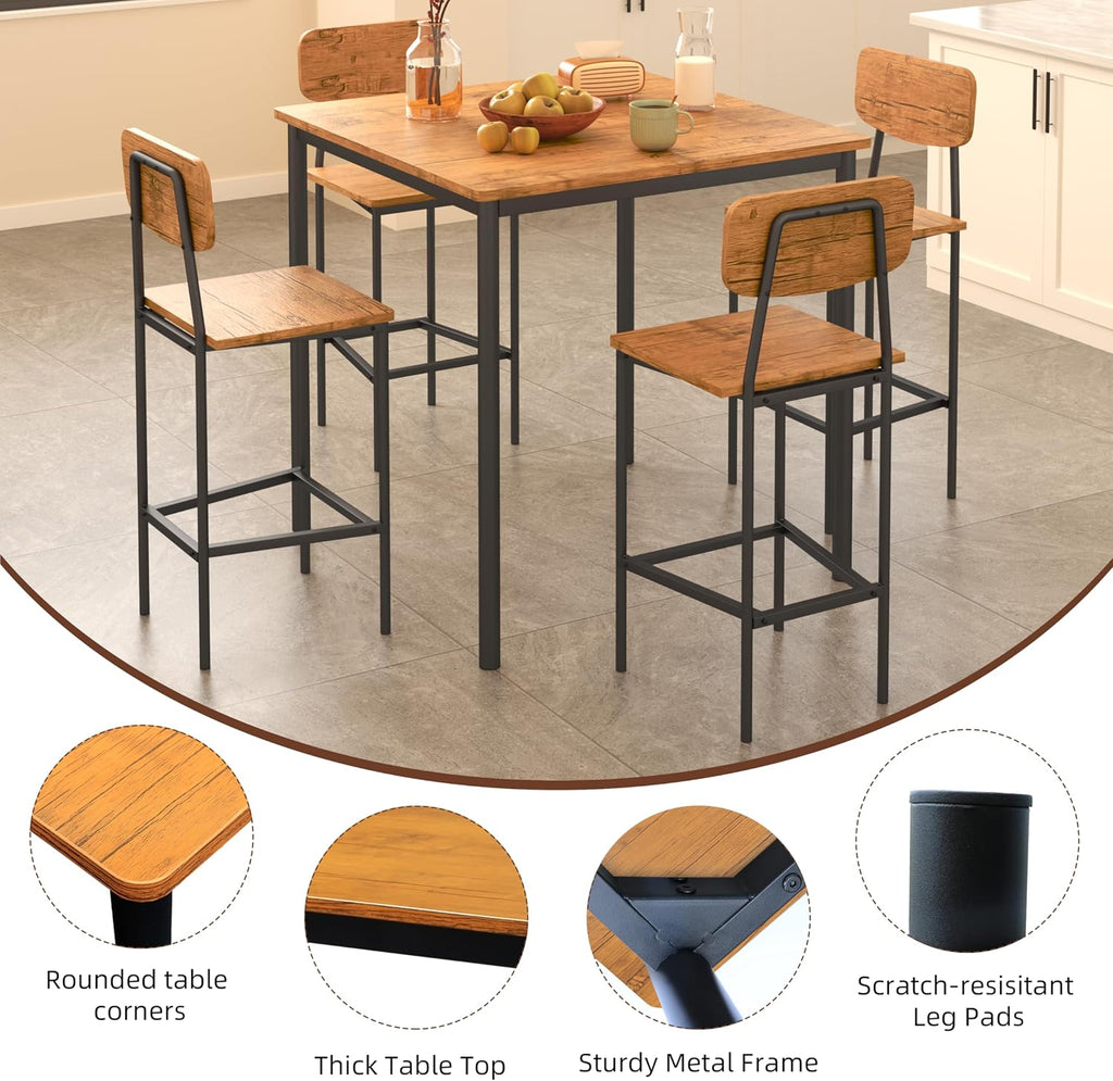 Kitchen Table and Chairs of 4, 5 Piece Dining Table Set, Sturdy Industrial Space Saving Dinette Set for Pub, Family Dinners, Apartment, Brown
