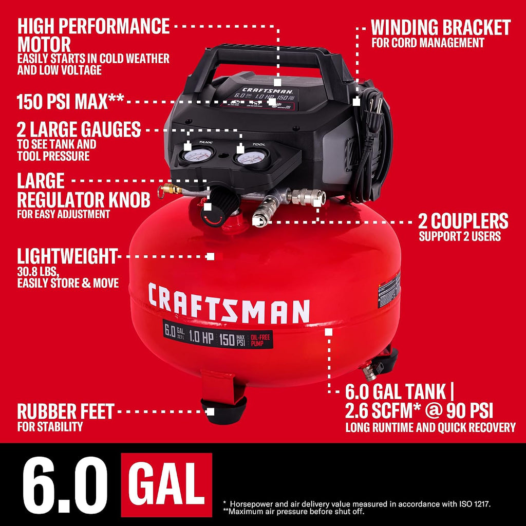 CRAFTSMAN 6 Gallon Portable Pancake Air Compressor, Oil-Free, Max 150 PSI, 1 HP, 2.6 SCFM @ 90 PSI, with 25 ft Air Hose and 2 Quick Couplers, Model CMXECXA0210641C