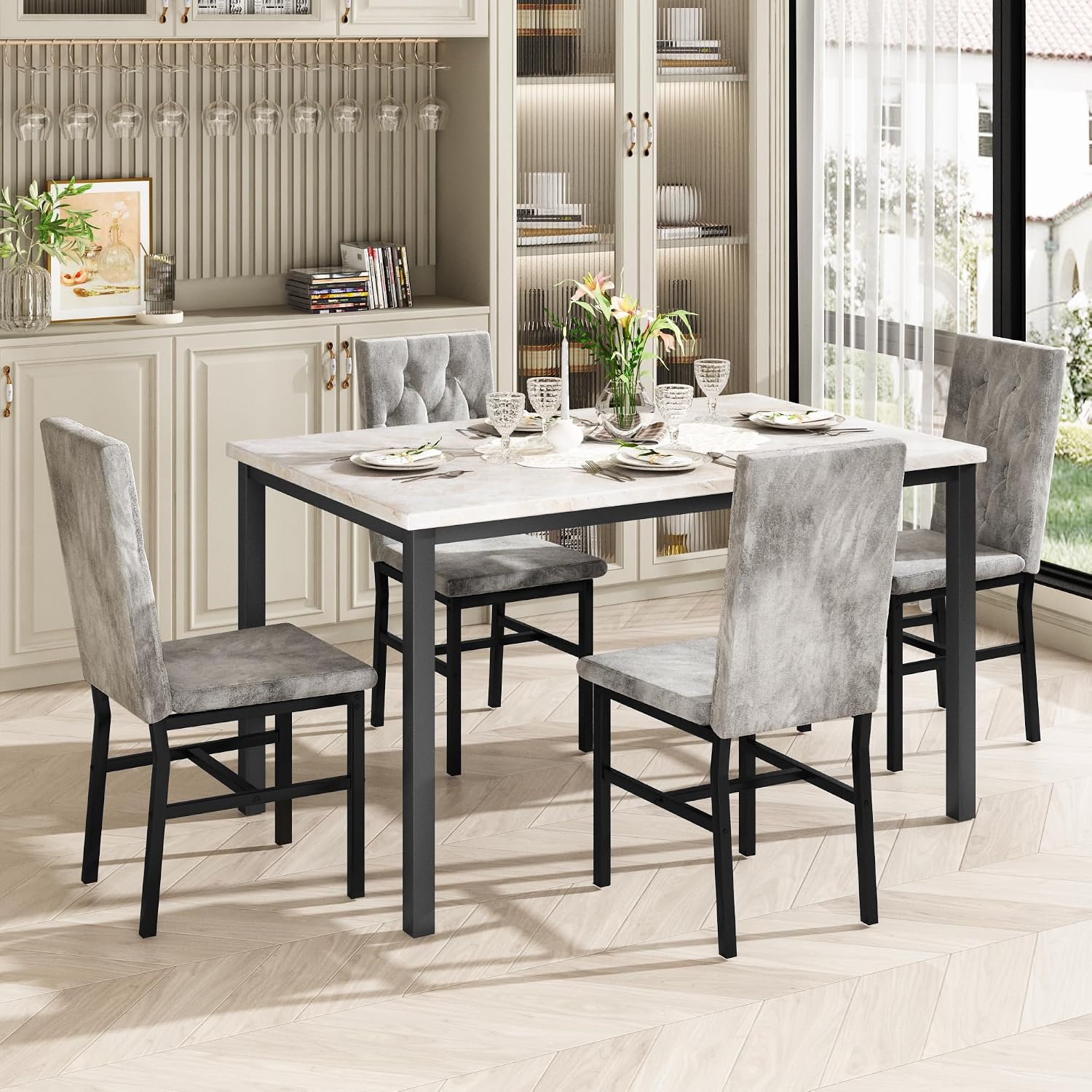 Hooseng Dining Table Set for 4, Faux Marble Small Kitchen Table Chairs Set of 4 with Luxurious Button Tufted Dinner Chairs for Kitchen and Dining (Beige)