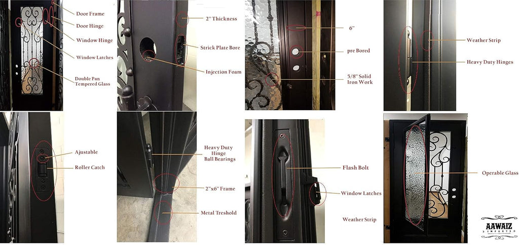 Archer Exterior Double Front Entry Door Wrought Iron with Operable Tempered Water Cube Glass Inside Swing Dark Bronze Finish (72 By 96 Right Hinge Active)