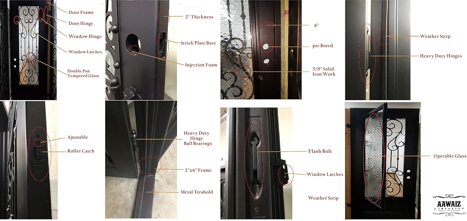 Archer Exterior Double Front Entry Door Wrought Iron with Operable Tempered Water Cube Glass Inside Swing Dark Bronze Finish (60 By 96 Right Hinge Active)