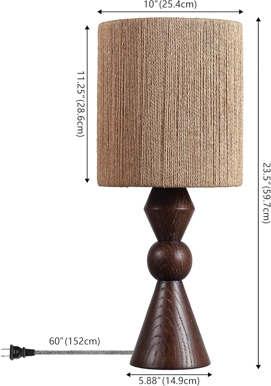 JONATHAN Y 23.5' Dark Brown Wood Finish Rustic Table Lamp for Living Room Bedroom with Brown Paper Rope Shade, Modern Farmhouse Resin Nightstand Lamp, LED Bulb Included (JYL9202B)