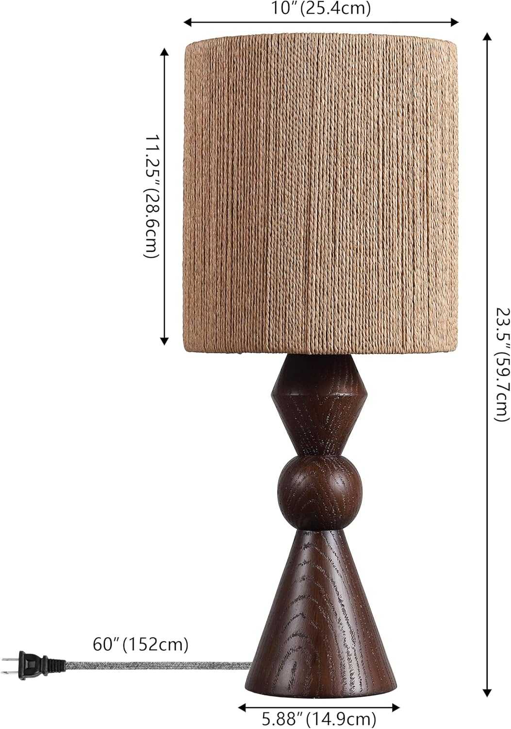 JONATHAN Y 23.5' Dark Brown Wood Finish Rustic Table Lamp for Living Room Bedroom with Brown Paper Rope Shade, Modern Farmhouse Resin Nightstand Lamp, LED Bulb Included (JYL9202B)