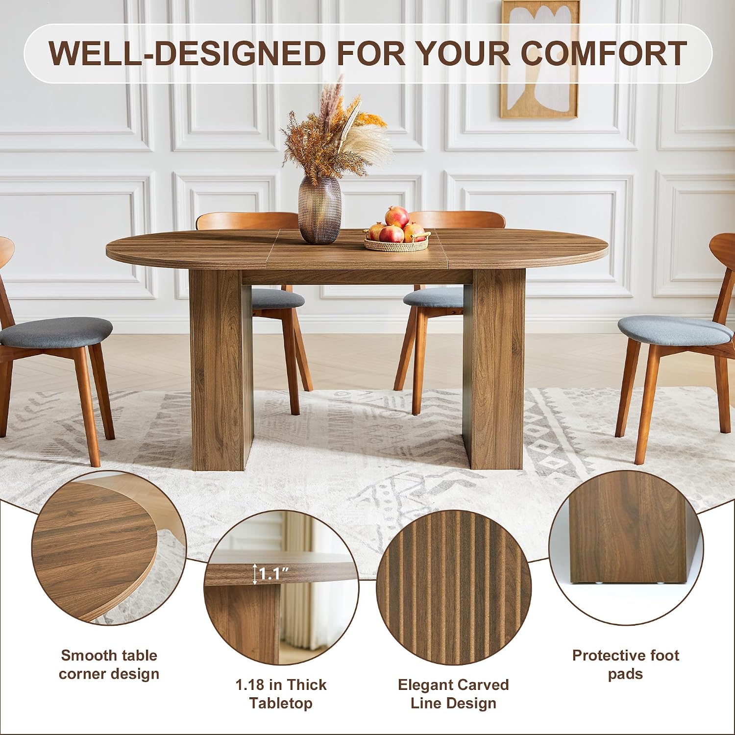 weselon 70.8' Oval Dining Table with Dual Side Storage Shelves, Rustic Farmhouse Table for 4–6 People, Modern Wooden Round Dinner Table for Kitchen, Reception, or Living Room (Walnut, Table Only)