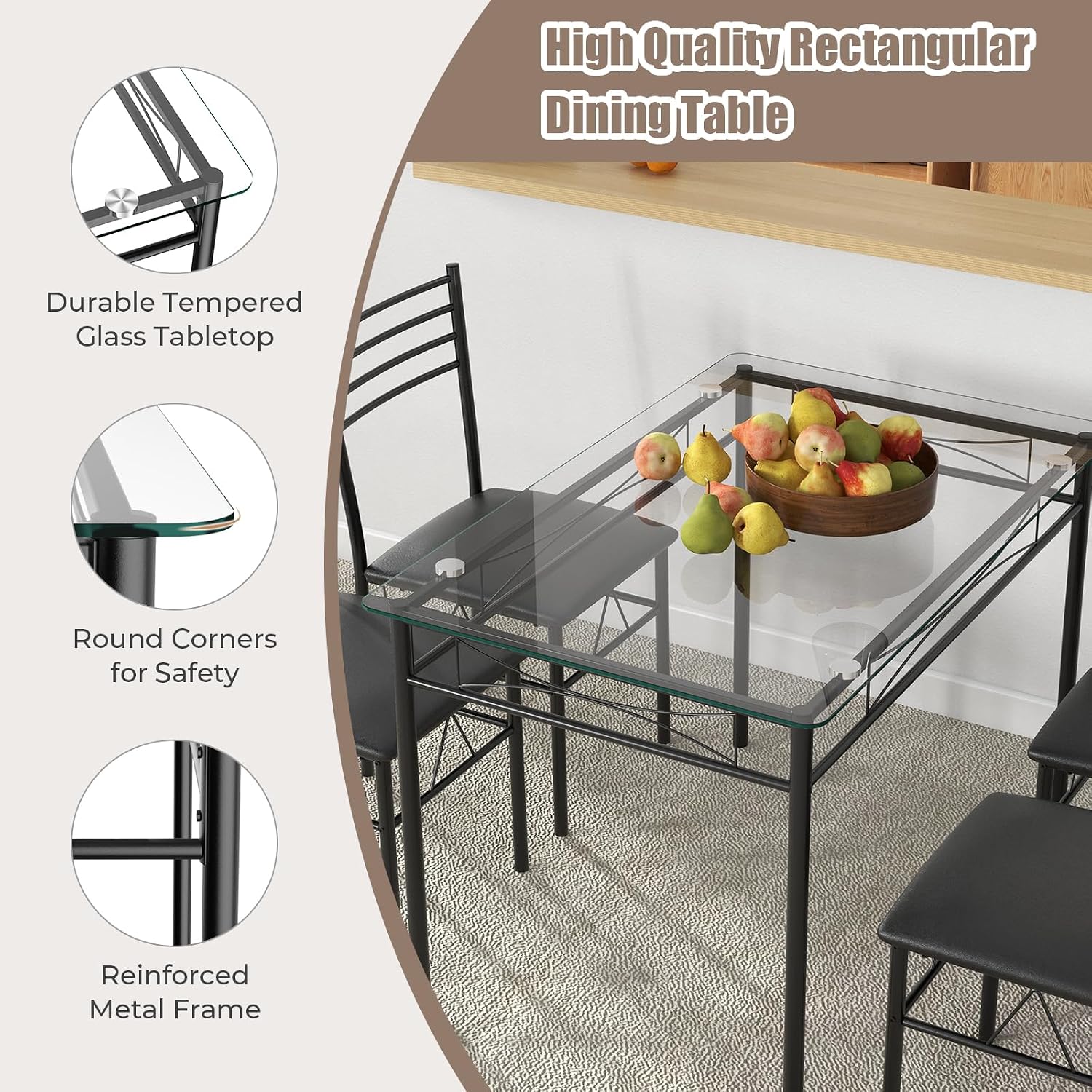 Giantex 5 Piece Dining Table Set, Kitchen Dining Set with Tempered Glass Table Top and 4 Upholstered Chairs, Dinette Set for 4 for Breakfast Nook Dining Room Kitchen (Black)