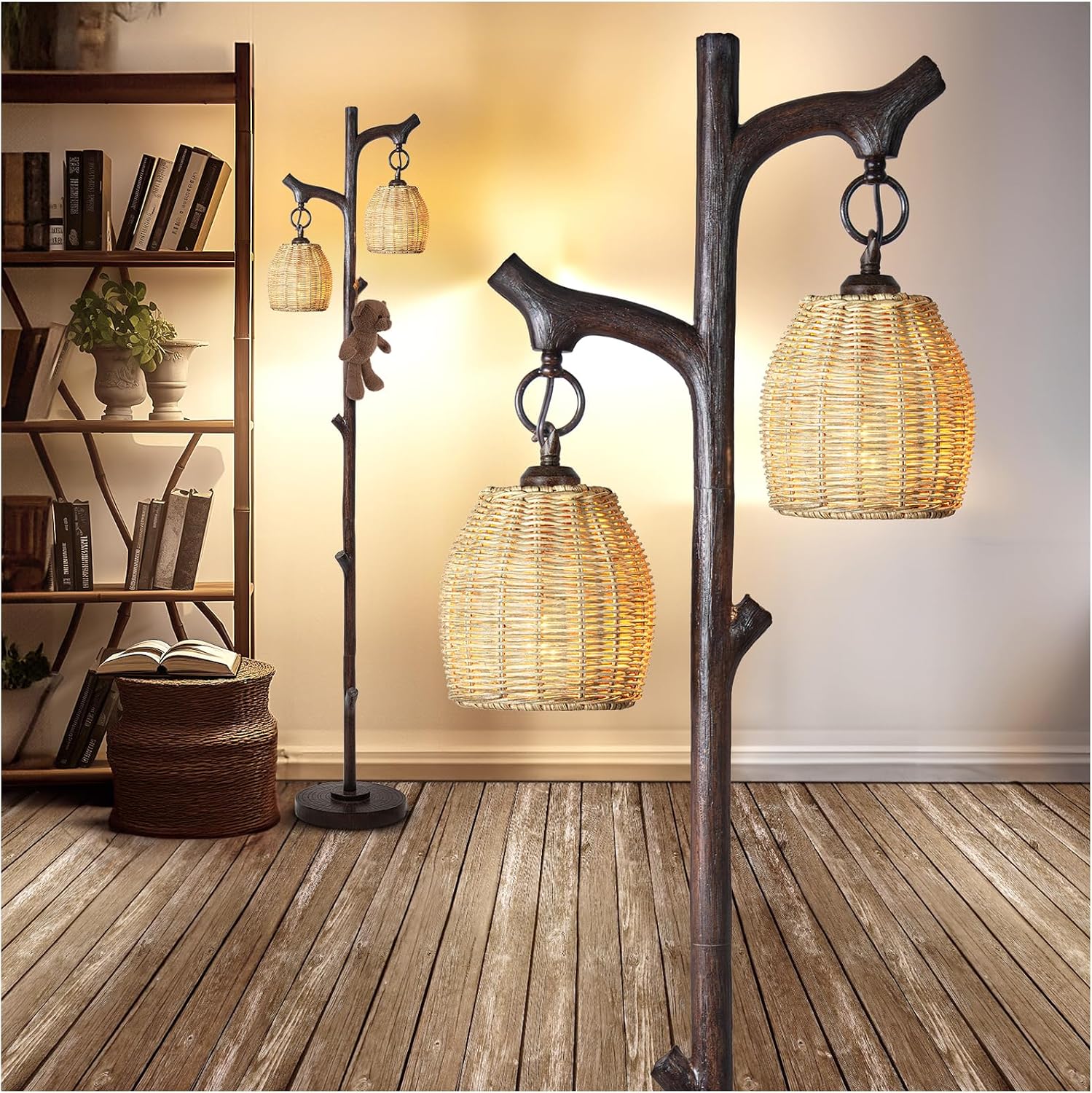 Scenekoy 68' High Farmhouse Rustic Country Cottage Floor Lamp Tree Trunk Faux Wood Column Dark Bronze Wicker Drum Shade Decor for Living Room Bedroom Reading Room