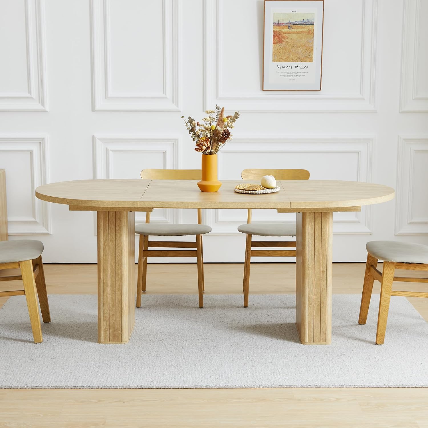 70.8 Inch Kitchen Dining Table for 4-6 People, Oval Kitchen Table with Wood Strip Base, Modern Farmhouse Large Round Dining Room Tables for Living Room (Natural)