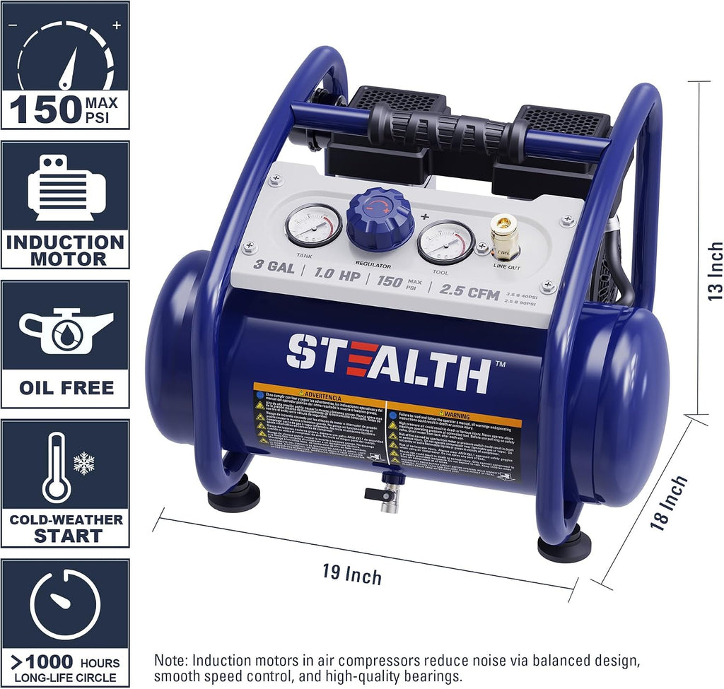 STEALTH Air Compressor 3 Gallon, Quiet Air Compressor, Oil-Free Air Tool, for Tire Inflator, Auto Repair, Woodwork Nailing (SAQ-1301)