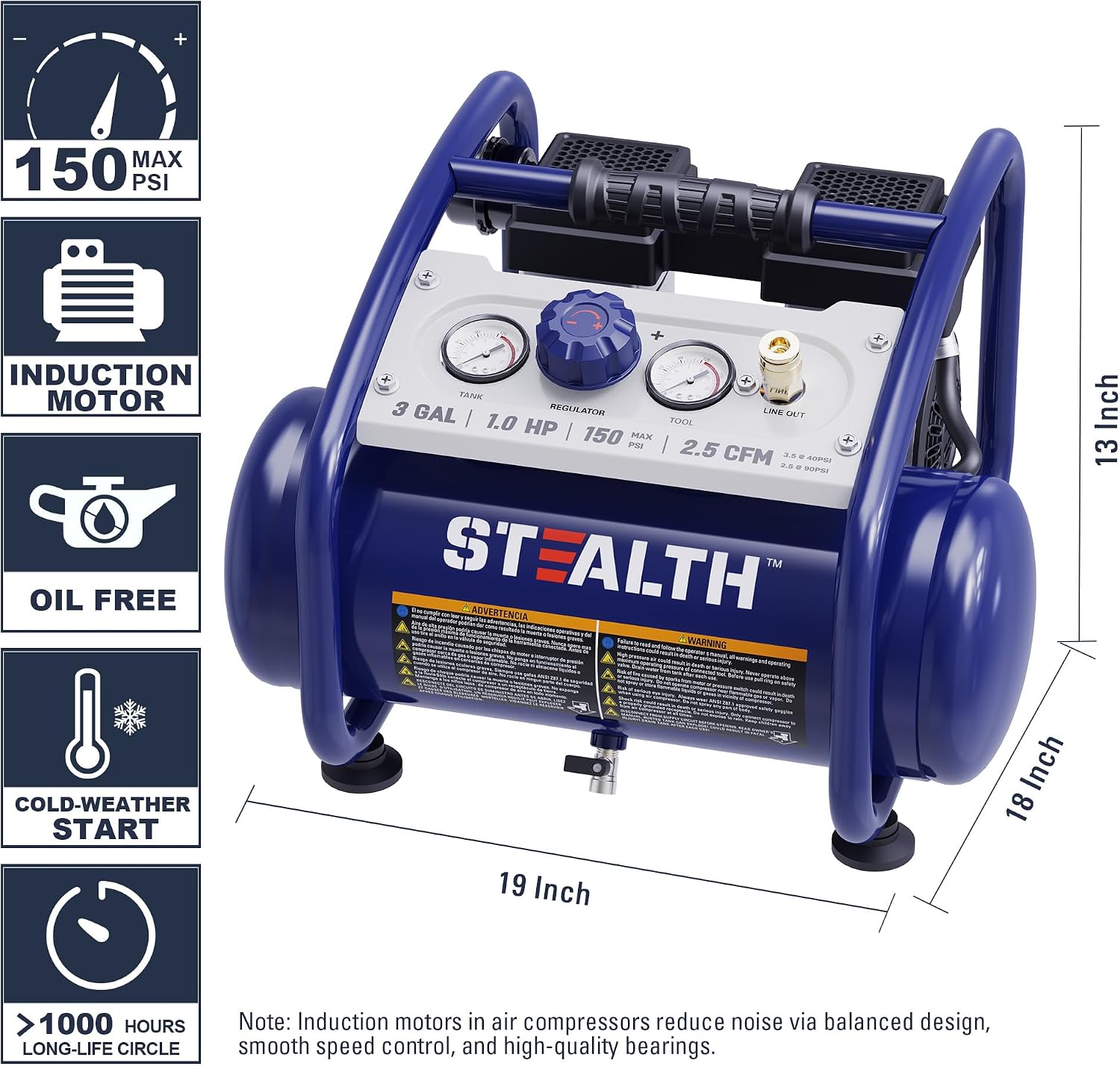 STEALTH Air Compressor 3 Gallon, Quiet Air Compressor, Oil-Free Air Tool, for Tire Inflator, Auto Repair, Woodwork Nailing (SAQ-1301)