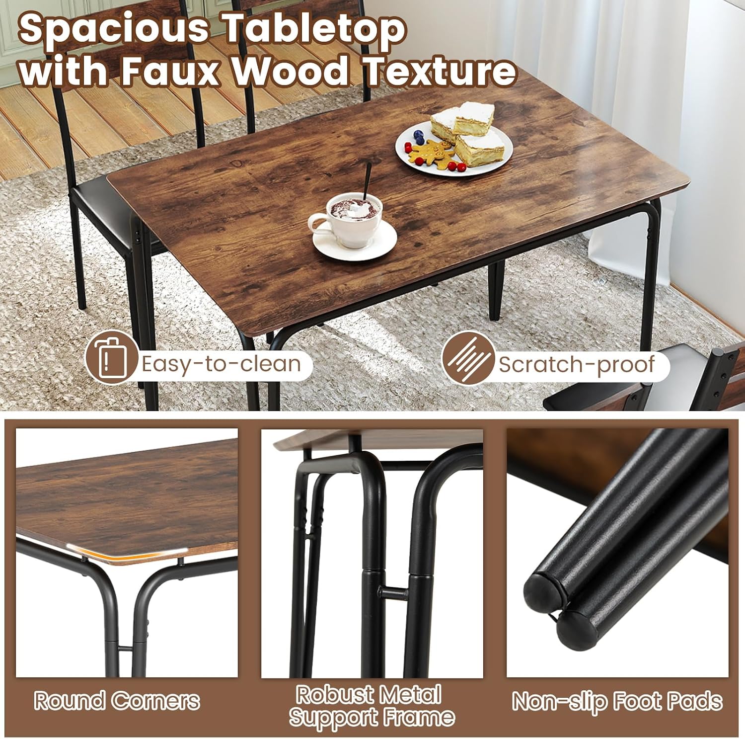 Giantex 5-Piece Dining Table Set for 4, 43-Inches Rectangular Kitchen Table & 4 Armless Chairs with Upholstered Seat, Metal Frame, Space-Saving Dinette Set for Living Room (Rustic Brown+Black)