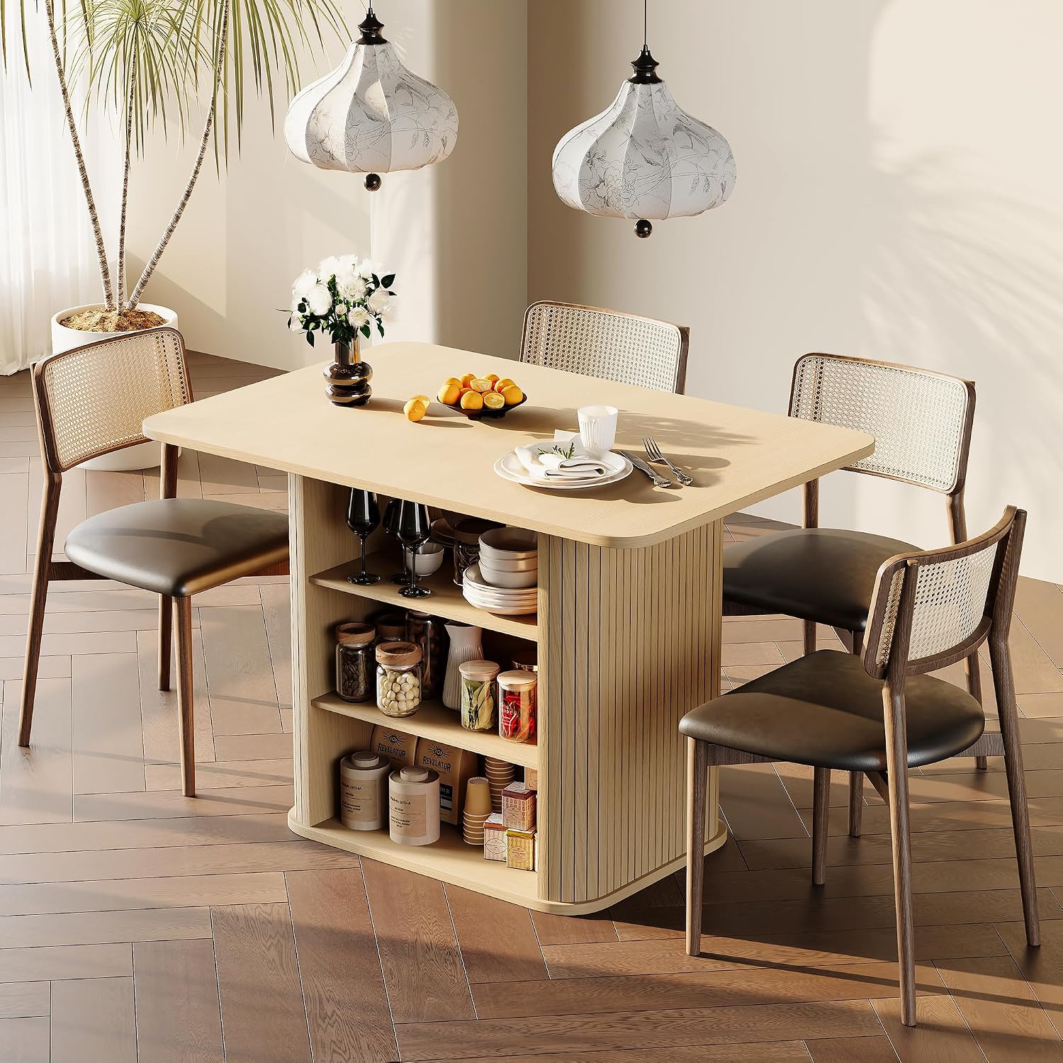 FUQARHY Dining Table for 4, Small Rectangular Kitchen Table for 2 with 3-Tier Storage Shelf, Farmhouse Modern Fluted Wood Table (Oak)