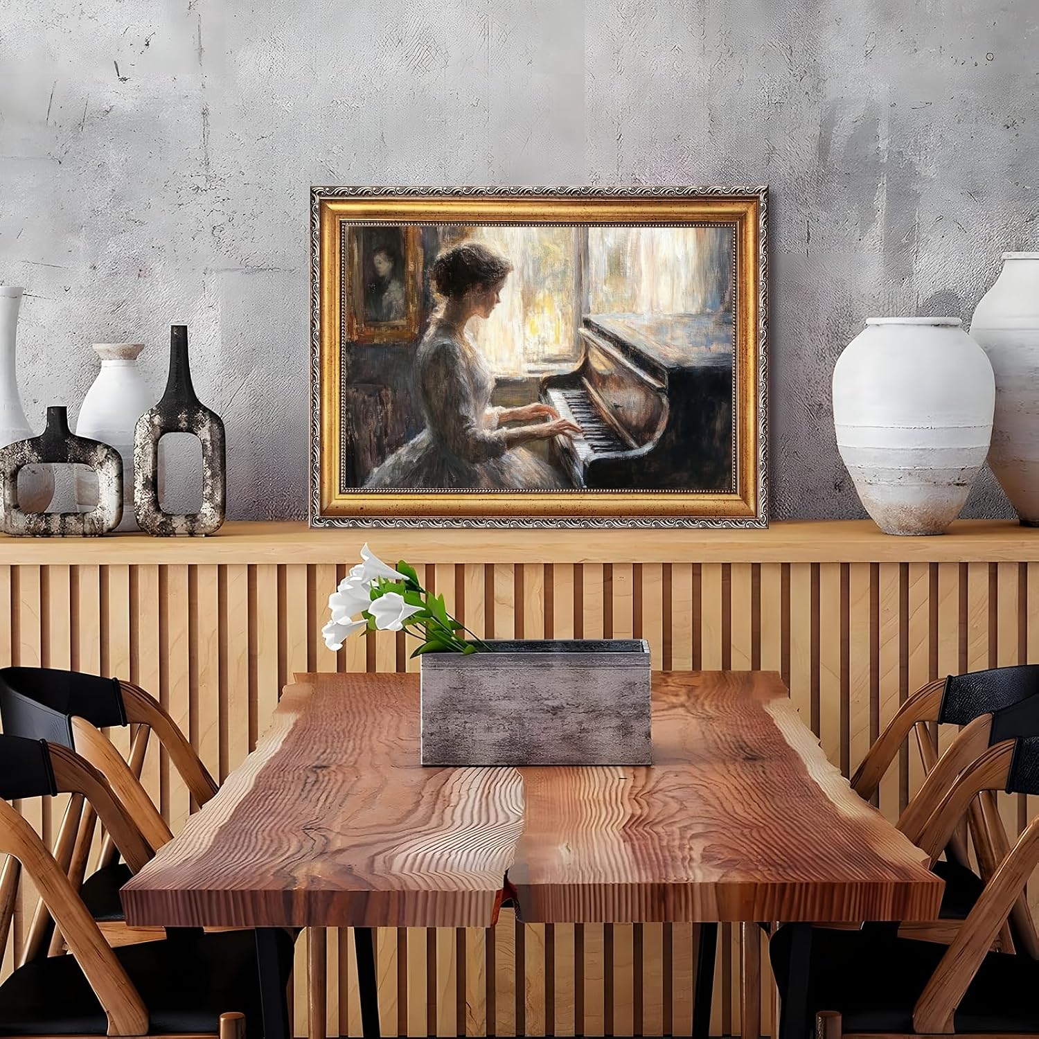Large Framed Victorian Woman Piano Oil Painting Wall Art Elegant Lady by Window Canvas Print Classical Music Poster Room Decor Vintage European Picture Artwork for Living Room Bedroom 24x36inch