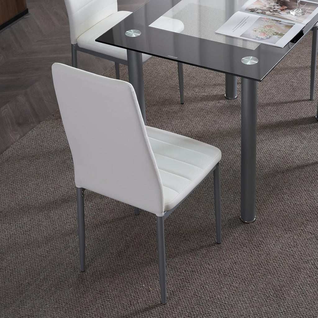 Karl home 5-Piece Glass Dining Table Set with Glasses Table and 4 Leather Chairs for Kitchen, Breakfast, Living Room; Space Saving(White Glass)