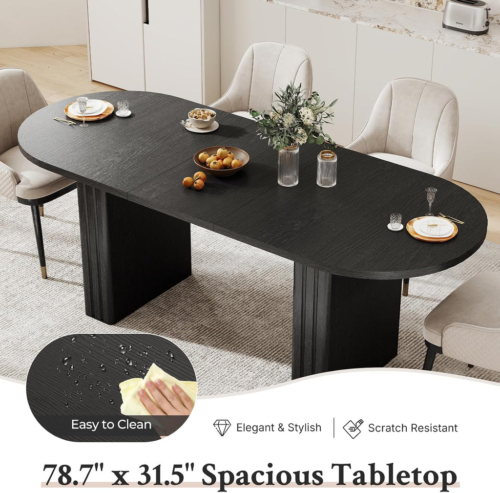 Zevemomo 62.99'-78.74' Oval Expandable Dining Table, Extendable Dining Room Table for 4-8 People with Wooden Strip Base, Modern Kitchen Table with Slide Metal Track, for Family Living Room-Black