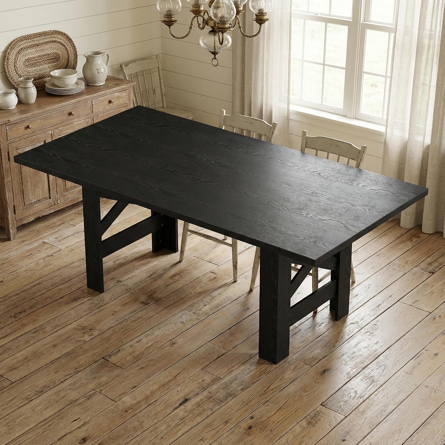GarveeHome Dining Table for 6-8, 71' Long Large Wooden Farmhouse Kitchen Table with Thick Sturdy Frame, Rectangular Dining Room Dinner Table with Stable Triangular Legs for Kitchen,Office, Retro Black