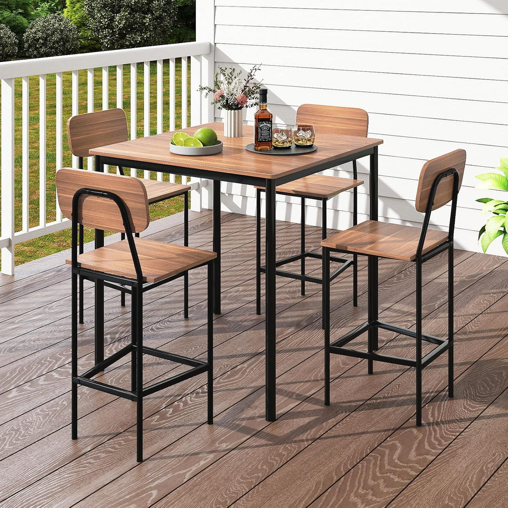 Giantex 5-Piece Dining Table Set W/Counter Height Table & 4 Bar Stools, Industrial Kitchen Dining Table Set W/Footrest & Backrest, Space-Saving Dinette Set for Pub, Dining Room, Restaurant (Teak)