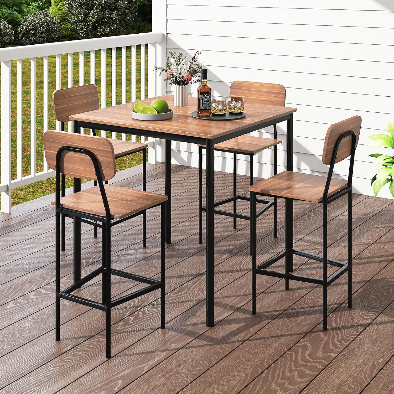 Giantex 5-Piece Dining Table Set W/Counter Height Table & 4 Bar Stools, Industrial Kitchen Dining Table Set W/Footrest & Backrest, Space-Saving Dinette Set for Pub, Dining Room, Restaurant (Teak)