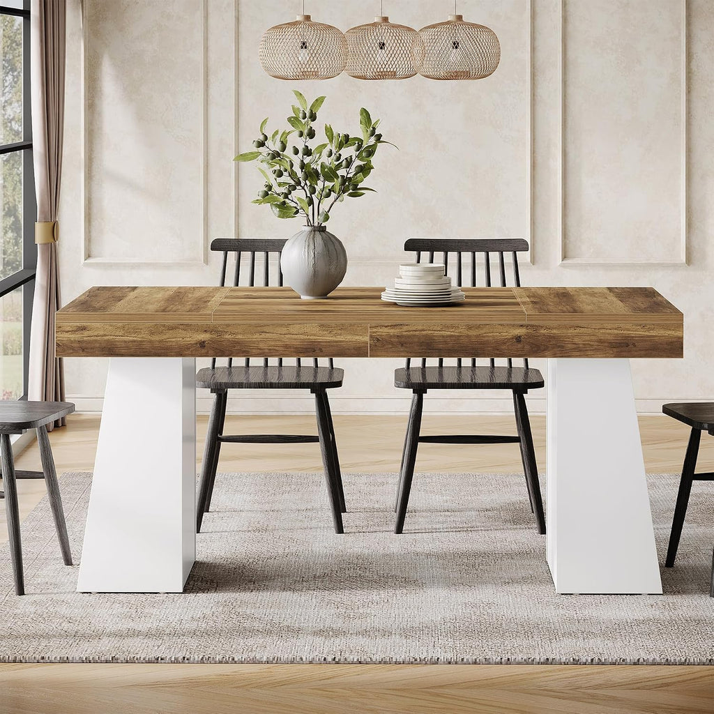 Tribesigns 55-Inch Dining Room Table for 4, Mid-Century Modern Dining Table with Double Pedstral, Rectangular Wood Kitchen Dinner Tables for Dining Room, Kitchen, Home, White & Brown(Only Table)