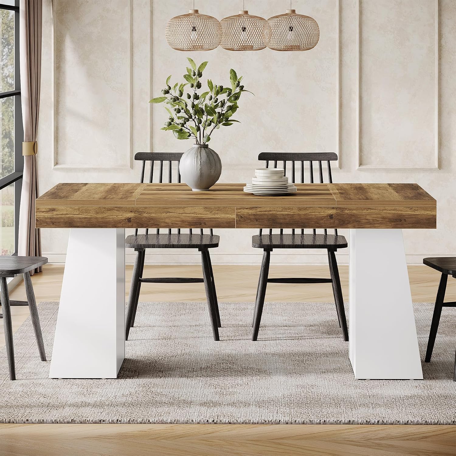 Tribesigns 55-Inch Dining Room Table for 4, Mid-Century Modern Dining Table with Double Pedstral, Rectangular Wood Kitchen Dinner Tables for Dining Room, Kitchen, Home, White & Brown(Only Table)