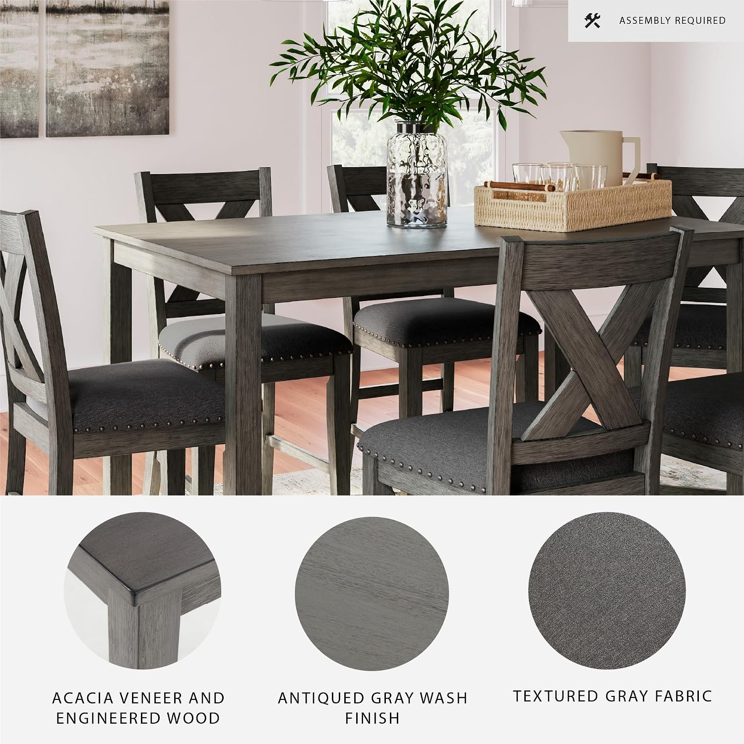 Signature Design by Ashley Caitbrook Casual Counter Height Dining Table and Upholstered Bar Stools with Nailhead Trim, Set of 7, Gray