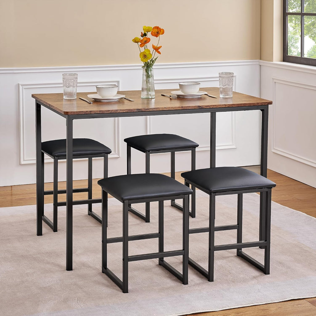 VECELO Kitchen Table and Chairs for 4, Dining Room Set with PU Chairs/Stools, Heavy-Duty Metal Frame, Wooden Tabletop, Space-Saving Design for Small Spaces, Easy Assembly, Walnut Brown
