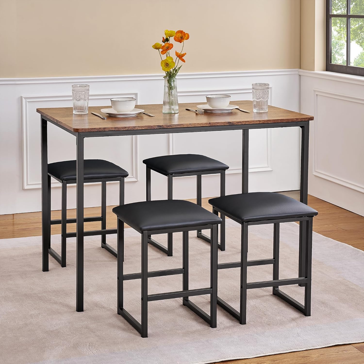 VECELO Kitchen Table and Chairs for 4, Dining Room Set with PU Chairs/Stools, Heavy-Duty Metal Frame, Wooden Tabletop, Space-Saving Design for Small Spaces, Easy Assembly, Walnut Brown
