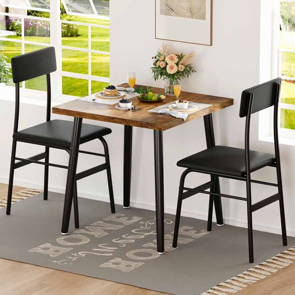 IDEALHOUSE Small Dining Table Set for 2, 3 Piece Kitchen Table Set with 2 Upholstered Chairs, Breakfast Table for Samll Space, Dining Room, Apartment, Restaurant, Rustic Brown